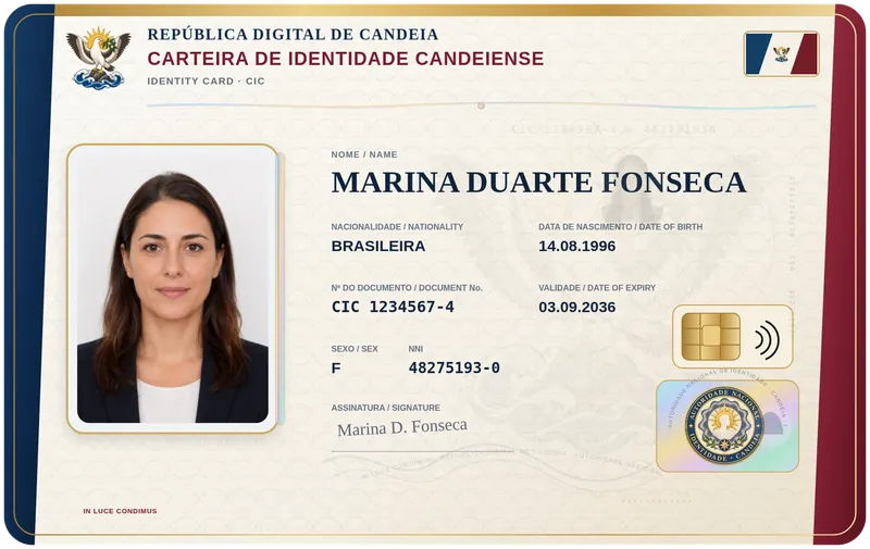 Exemplo visual da Carteira de Identidade Candeiense com dados fictícios
